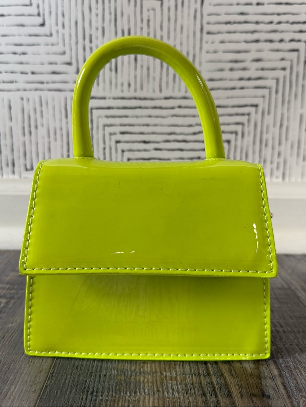 Neon Lime Patent Mini Top-Handle Bag with gold crossbody chain